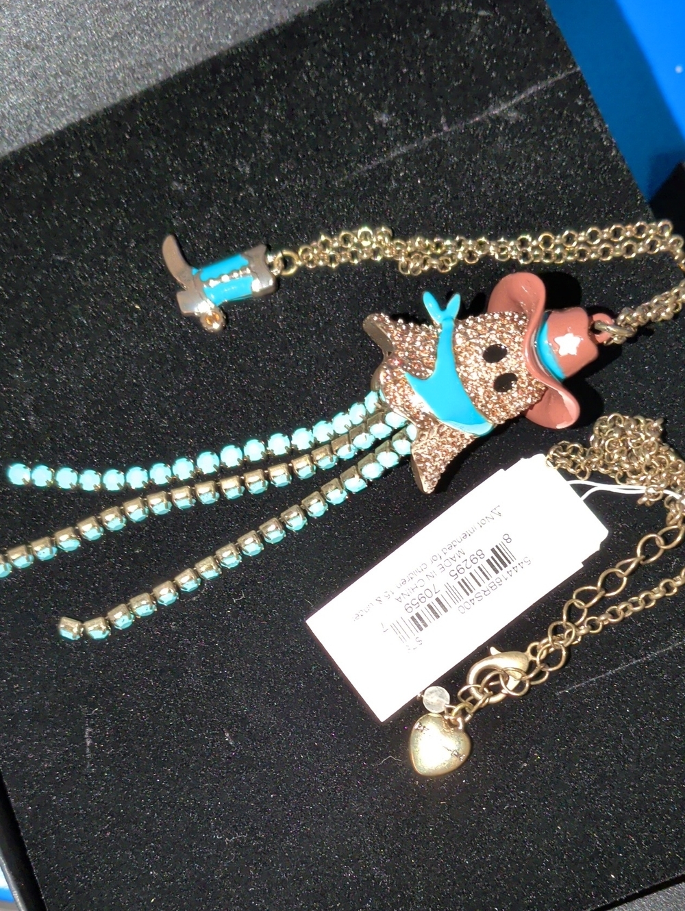 NWT Betsey Johnson Turquoise Cowboy Cowgirl Ghost Western Boot Pendant Necklace